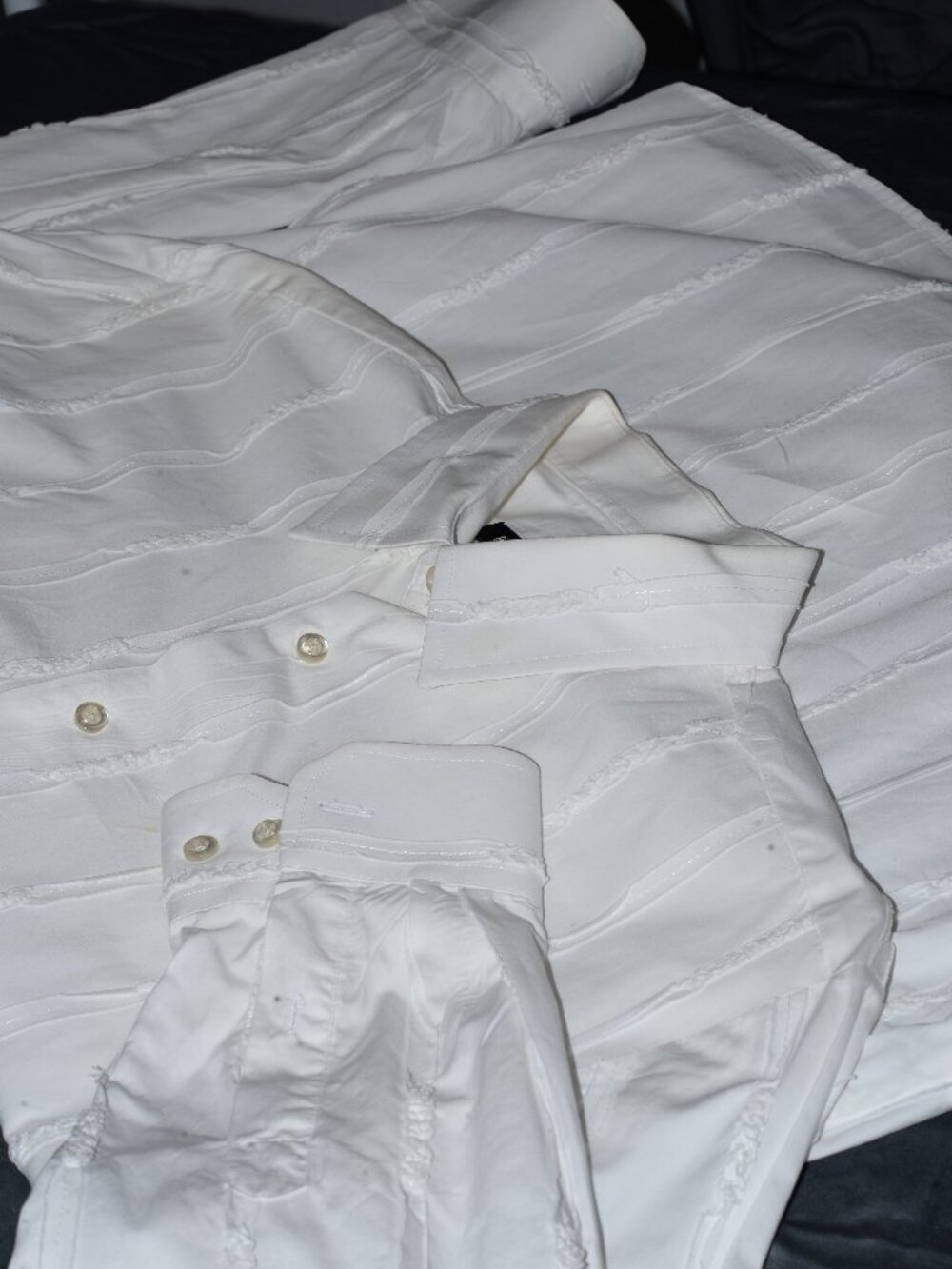 Report Collection White Raw Edge Vertical Frayed Texture Shirt Men XXL